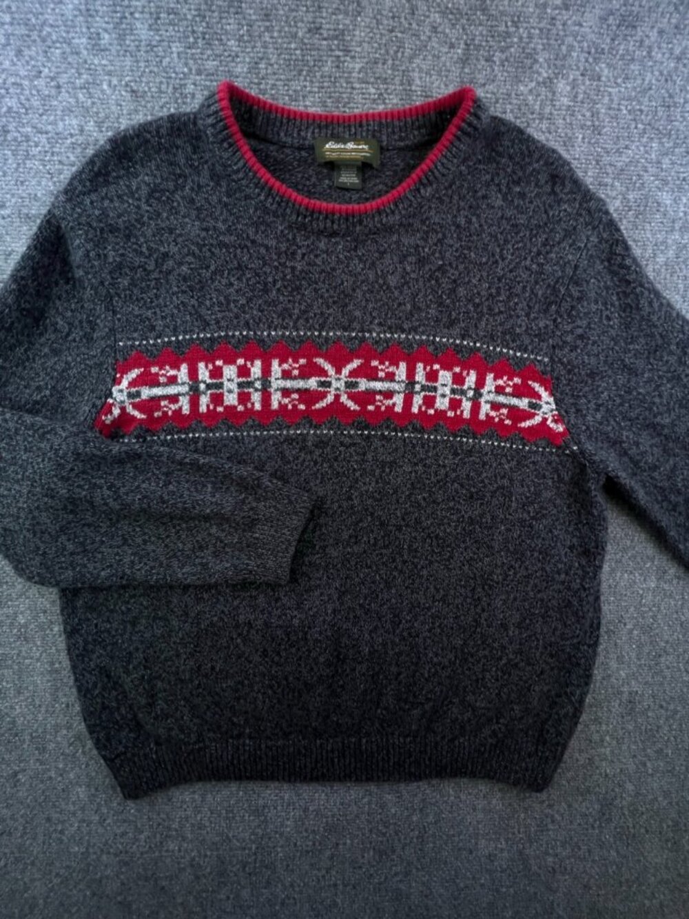 Eddie Bauer Sweater Mens Large Long Sleeve Pullover Gray Red Cotton Blend Adult